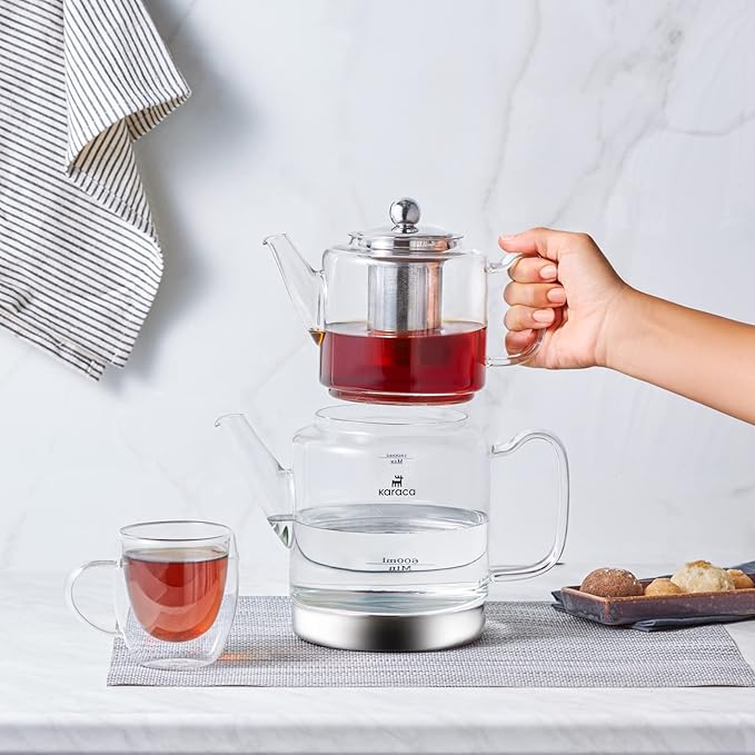Karaca Dora Teapot Set, Glass, Tea Pot 1 L/33 oz, Kettle 2 L/66 oz Silver, Transparent, Tea Maker, Kettle, Turkish Tea Kettle, Tea Maker, XLarge, Suitable for Induction