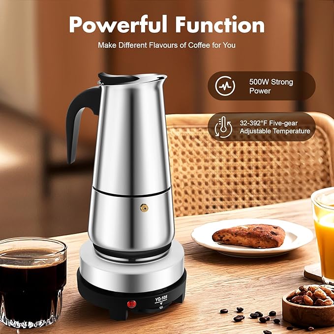 Stovetop Coffee Maker, 9 Cup Stainless Steel Moka Pot Espresso Maker Coffee Pot with Electric Stove, 500W Stovetop Espresso Machine Italian Espresso Maker for Home Bar Office