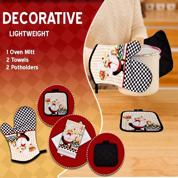 Lobyn Value Packs - Charming 5 Piece Kitchen Towel Set: Chubby Uniformed Chef Design, includes 2 Decorative Dish Towels (25x15) 1 Oven Mitt and 2 Potholders (6.5 Sq)