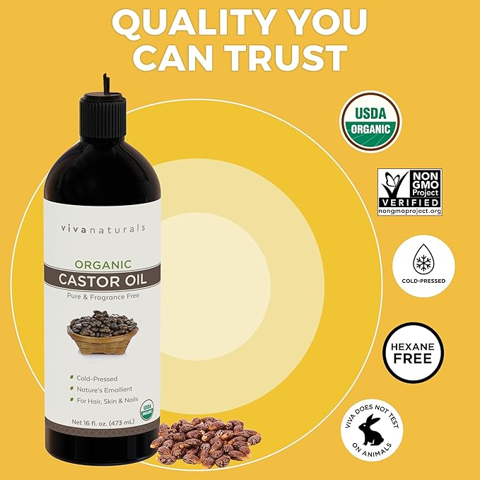 Viva Naturals Cold pressed Organic Castor Oil 16 fl oz - Castor Oil for Face, Eyelashes, Traditional Eyebrow Serum, Hair Oil - Certified Organic & Non-GMO