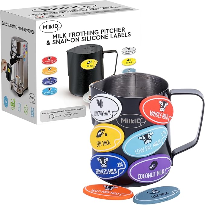 Milk Frothing Pitcher with 8 Allergen Silicone Snap-On Labels | Must-Have Barista Tool | Coffee Bar Accessories & Espresso Accessories Kit | (12oz / Black Pitcher + Labels)