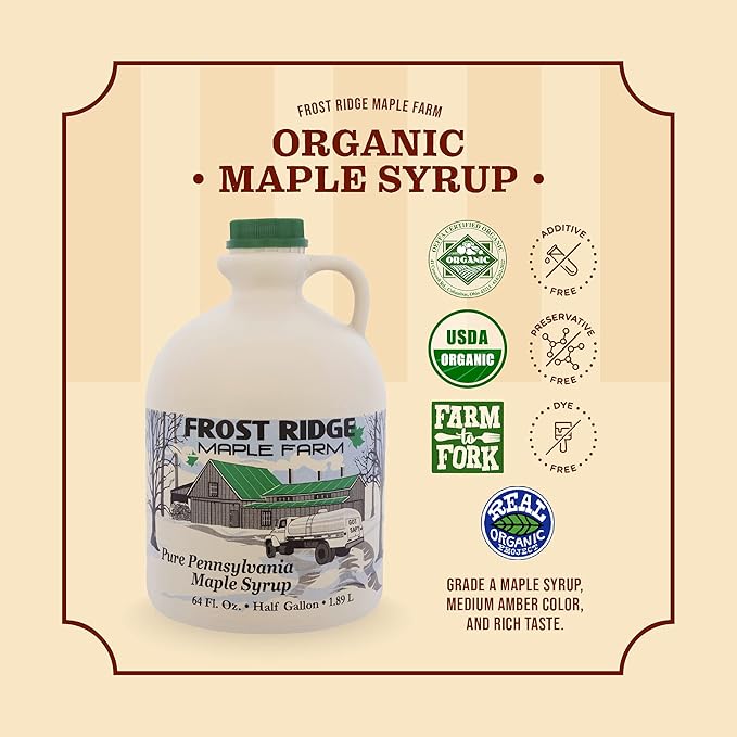Frost Ridge Maple Farm, Organic Maple Syrup, Grade A, Half Gallon (64 FL Oz), Medium Amber Rich