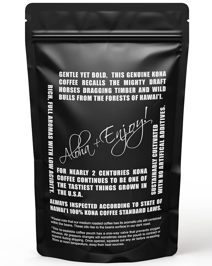 Blue Horse 100% Kona Coffee, Dark Roast Ground Arabica, 16 oz (1 lb) Bag. Farm Fresh Hawaiian Coffee, Smooth & Bold Flavor, Hand-Picked & Sun-Dried for Rich Aroma