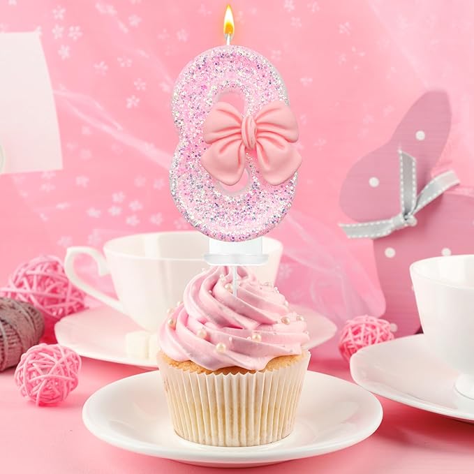 Birthday Cake Candles, Pink Glitter with Bow Cake Candles, Birthday Party Cake Toppers, Cute Birthday Candle Decorations (8)