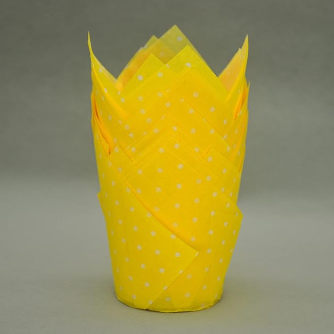 Large Muffin Greaseproof paper Baking cupcake cups, 2-1/4" x 4" Yellow printed with Polka Dot Tulip Baking Cup(Large) (125pcs)