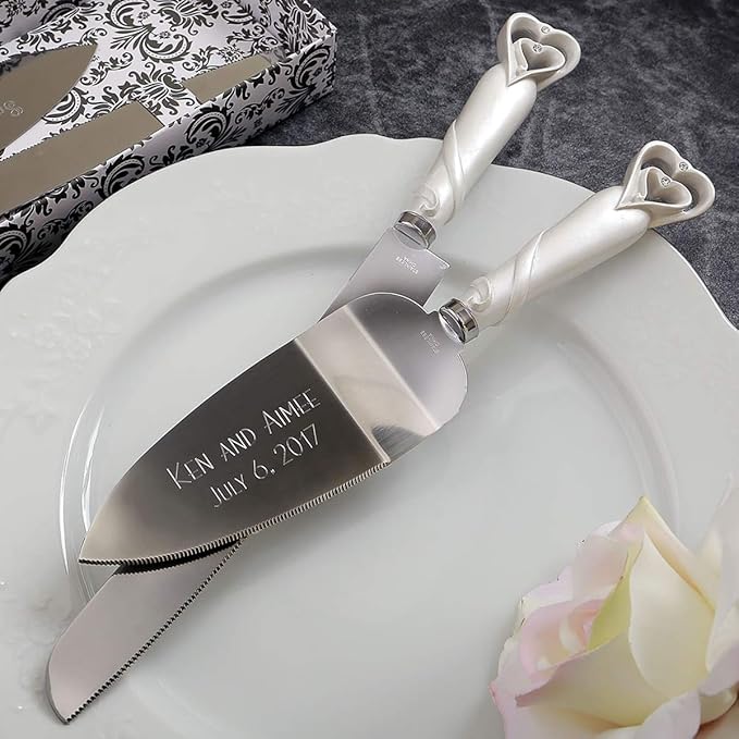 GIFTS INFINITY® Personalized Wedding White Interlock Heart Cake Knife and Server Set Free Engraving (2401) - Valentine's Day Gift