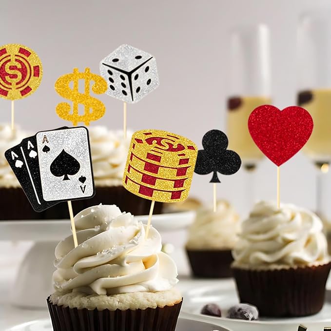 24 PCS Casino Cupcake Toppers Glitter Casino Themed Party Decorations with Chips Dice Las Vegas Night Theme Birthday Party Decorations Supplies
