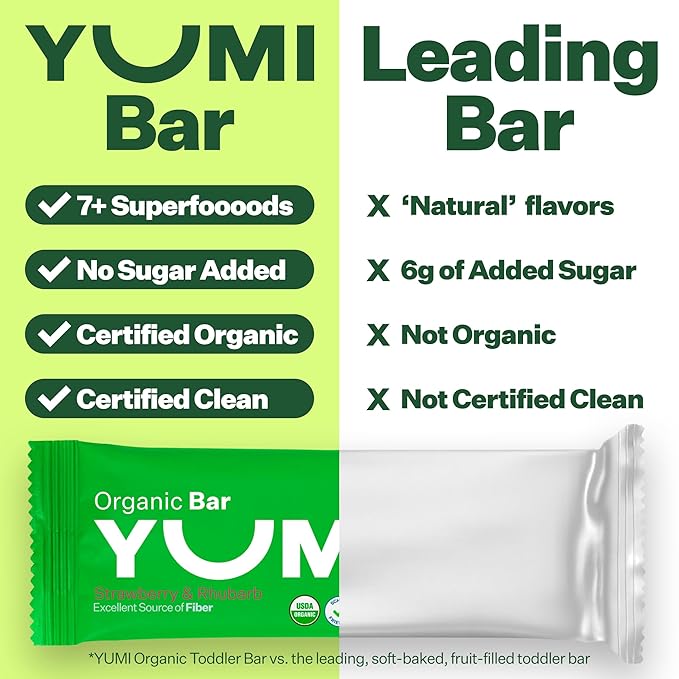 Yumi Organic Toddler Snacks Bars - Gluten-Free, No Added Sugar, 7+ Vegetables, Soft-Baked Crust, Yumi Bars Healthy Toddler Organic Snacks - School Safe and for Lunch Boxes, Strawberry & Rhubarb (30ct.)