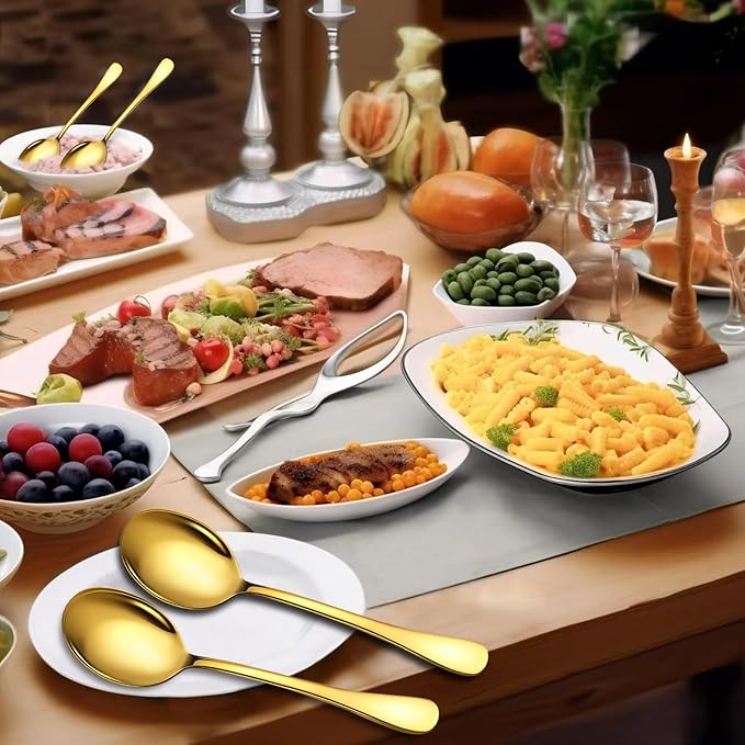 4 Piece Stainless Steel Serving Spoons Set, 10-Inch, Includes 4 Large Spoons, for Parties/Kitchen/Buffet/Catering, Dishwasher Safe,Gold