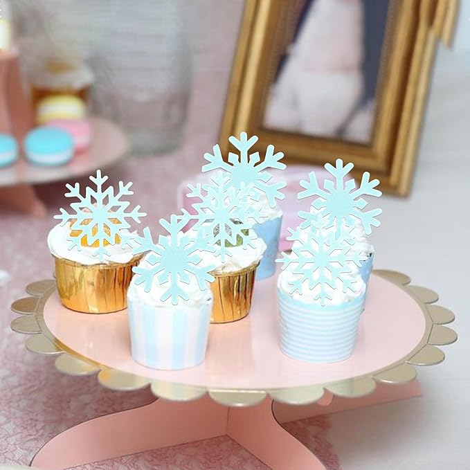 60 PCS Edible Snowflake Cupcake Toppers Wafer Paper Snowflake Cake Decorations Edible Snowflake Cupcake Picks Topper for Christmas Winter Frozen Theme Baby Shower Birthday Party Supplies Blue