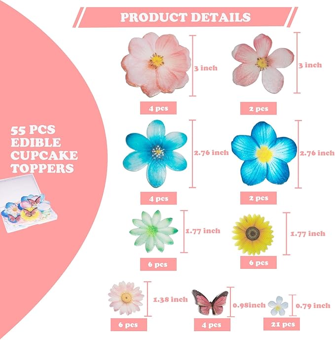 55pcs Edible Flower Butterflies Cake Toppers Cupcake Toppers Wafer Paper Cake Decorations for Themed Party Wedding Bridal Shower Birthday Decorations