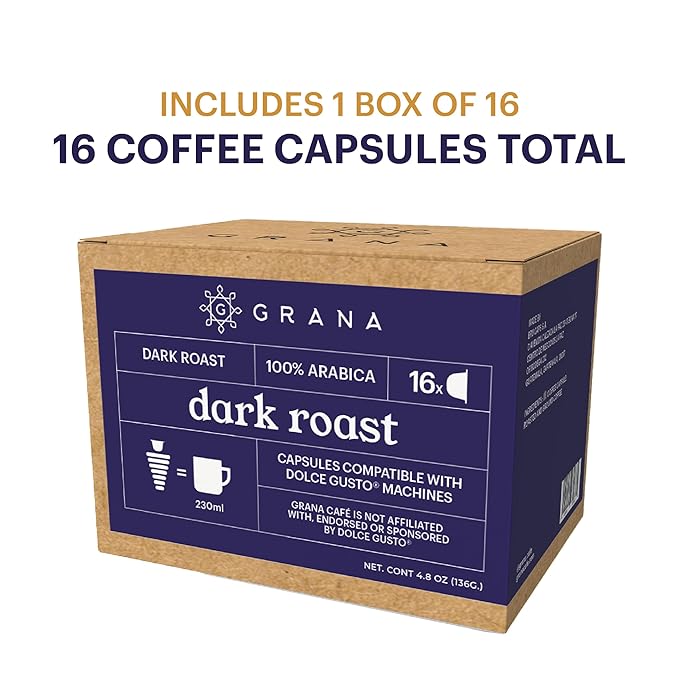 GRANA Dark Roast 16 Capsules Compatible with Nescafe Dolce Gusto - 16 Count - 100% Arabica, Single Source, Clean Coffee Pods