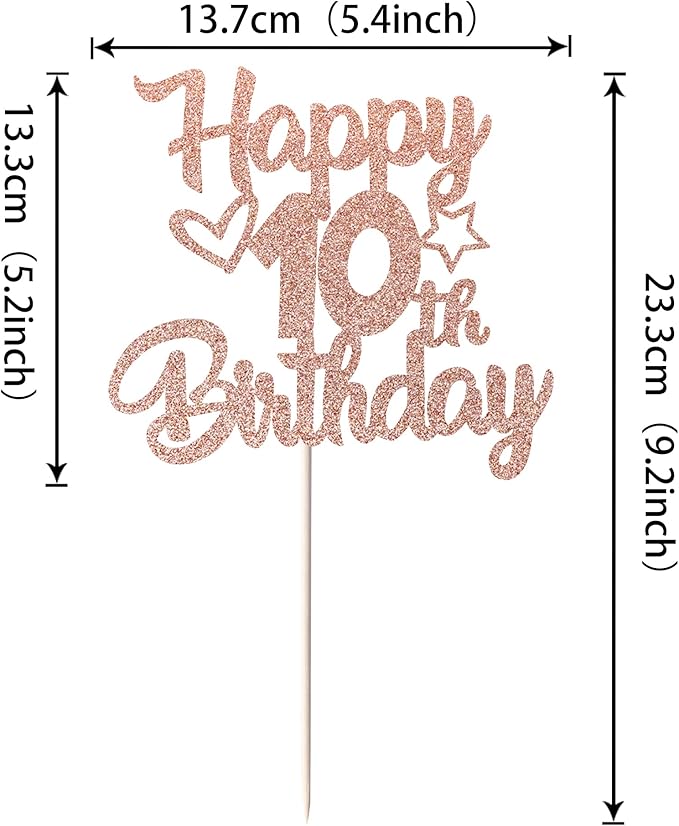 1 Pack Happy 10th Birthday Cake Topper Glitter Heart Star 10 Fabulous Cake Pick Birthday Sign Cake Decorations for Children 10th Birthday Theme Party Supplies Rose Gold