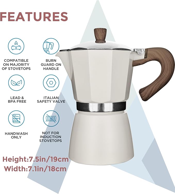 AGOGO Milano Moka Pot, Stovetop Espresso Maker, Greca, Coffee Percolator, Turkish Coffee Maker with Paper Filter, 6 Cup, Cream Color