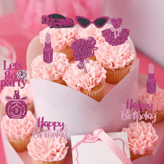 24 Pcs Glitter Princess Cupcake Toppers Pink Girl Cupcake Picks Let's Go Party Lipstick Cake Decorations for Girl Princess Theme Bridal Shower Wedding Birthday Party Supplies