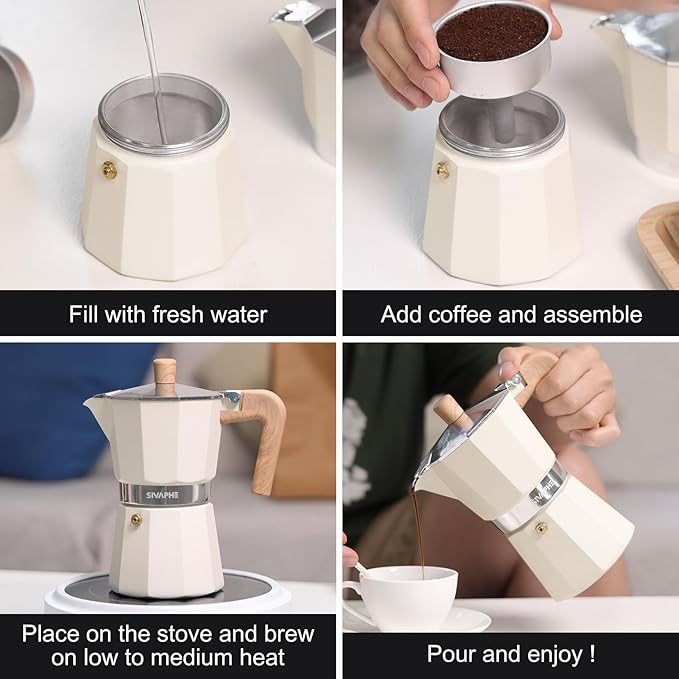 Sivaphe Aluminum Moka Pot 6 Espresso Cups, Percolator Espresso and Coffee Maker, Portable Stovetop Italian and Cuban Cafì±?Brewer for Home and Camping White
