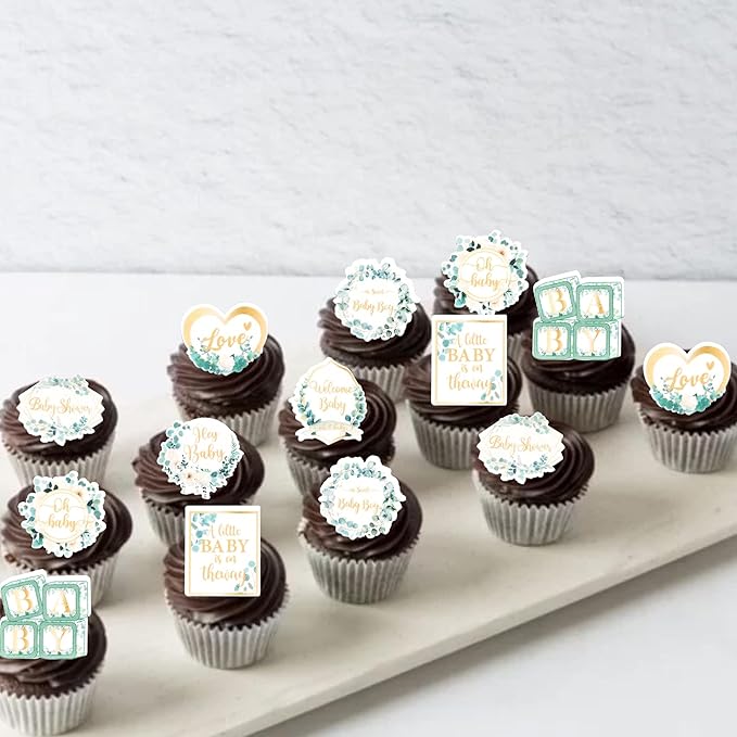 64 PCS Edible Oh Baby Cupcake Toppers Wafer Paper Love Baby Shower Cake Decorations Edible Baby in Bloom Welcome Baby Boy Cupcake Picks for Baby Shower Boys Birthday Party Decorations Supplies