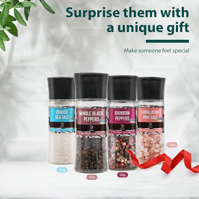 Soeos Spice Seasoning Set of 4, 9.8oz(277.82g), With Integrated Grinders, Salt and Pepper Grinder Set, Pure and Fresh Perfect for BBQ Seasoning Gift Set, Grilling Spice, Herb, Spice & Seasoning Gifts