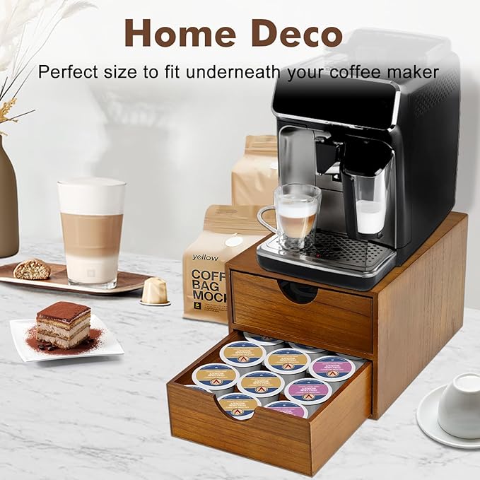 Wooden K Cup Organizer Coffee Pod Storage Box - K Pod Holder with Two Drawers, K Cup Drawer Under Brewer and Coffee Maker Machine Stand, 30 Pod Capacity, Style B ??,<div>