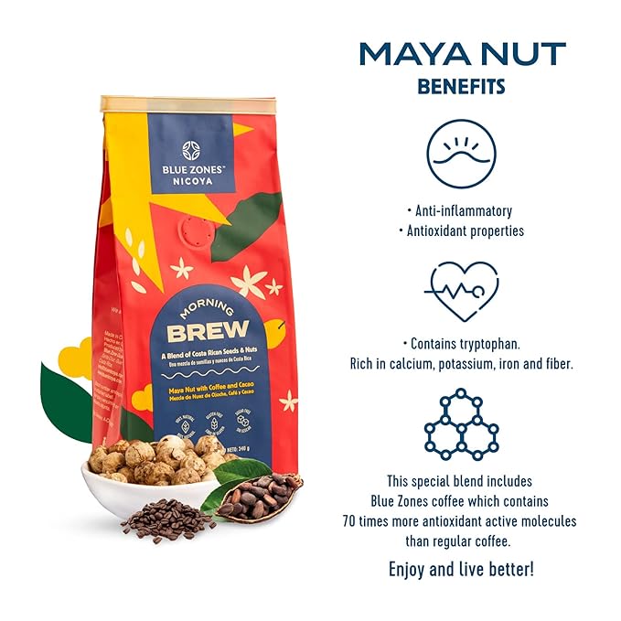 Blue Zones Nicoya - Morning Brew, Maya Nut with Coffee and Cacao - 100% Natural Ground Coffee Alternative - High Micronutrients - Low Caffeine, Gluten & Sugar-Free (12 oz/ 340g)