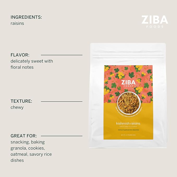 Ziba Foods Kishmish Raisins | Non-GMO, Vegan, Whole 30 Friendly & Paleo | Superfood Naturally High in Fiber, Iron and Immune Boosting Antioxidants, 2.2 lbs