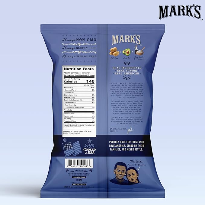 MARK???Kettle Cooked Avocado Oil Potato Chips, Sea Salt & Vinegar ??Seed Oil & GMO Free | Sea Salt and Vinegar, 5 oz (Pack of 3) | Gluten Free, Non-GMO, Chips for Clean & Healthy Snacking