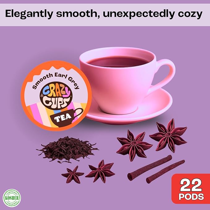 Crazy Cups Smooth Earl Grey Herbal Tea Pods, 22 Count | Caffeine Free, Kosher Certified Black Tea Blend with Licorice Root & Star Anise, K Cup Compatible, Bold Bergamot Flavor, Gluten Free, Vegan