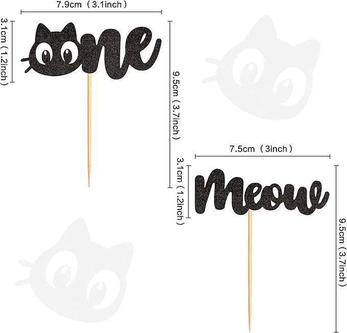 24Pcs Cat One Cupcake Toppers Black Glitter Meow Kitten First Birthday Cupcake Picks for Cat Lover Kitten Theme Baby Shower Kids 1st Birthday Wedding Party Supplies