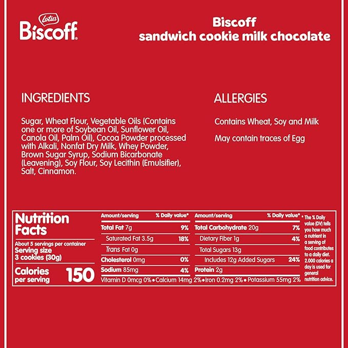 Lotus Biscoff Sandwich Cookies, Milk Chocolate Cream, 15 Cookies per pack, 5.29 Ounce (Pack of 9)