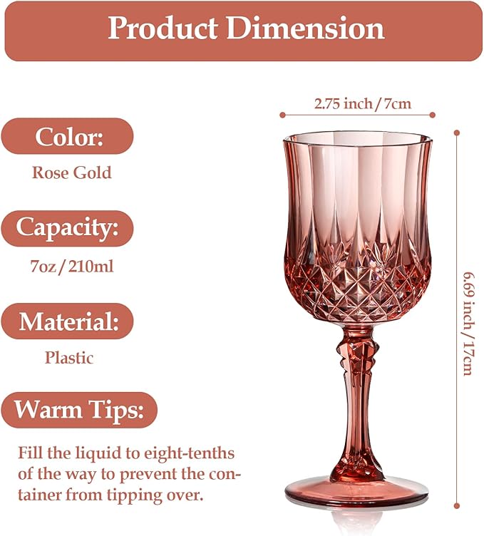 XUWAIDSGN 16 Pcs 7oz Plastic Vintage Wine Glasses Drinking Glasses Unbreakable Wedding Glassware Crystal Water Goblets Reusable Drinkware Vintage Champagne Flutes (16, Rose Gold)