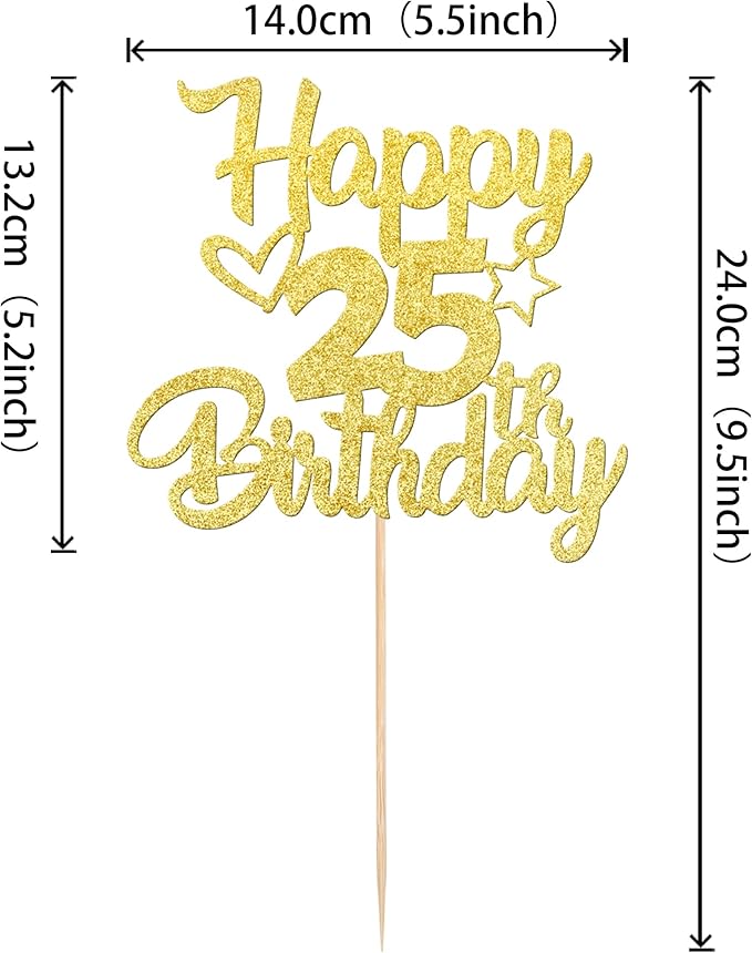 1 Pack Happy 25th Birthday Cake Topper Glitter Heart Star 25 Fabulous Cake Pick Birthday Sign Cake Decorations for Children 25th Birthday Theme Party Supplies Gold