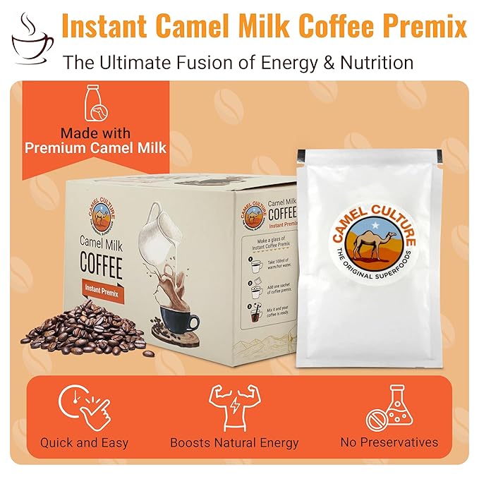Camel Milk Coffee Instant Premix Sachets - Nutrient Rich - Instant Coffee - 15G x 12 Sachets โ Nutrient-Rich Blend & Immune-Boosting Instant Coffee Powder โ On-the-Go Convenience & Premium Healthy Beverage