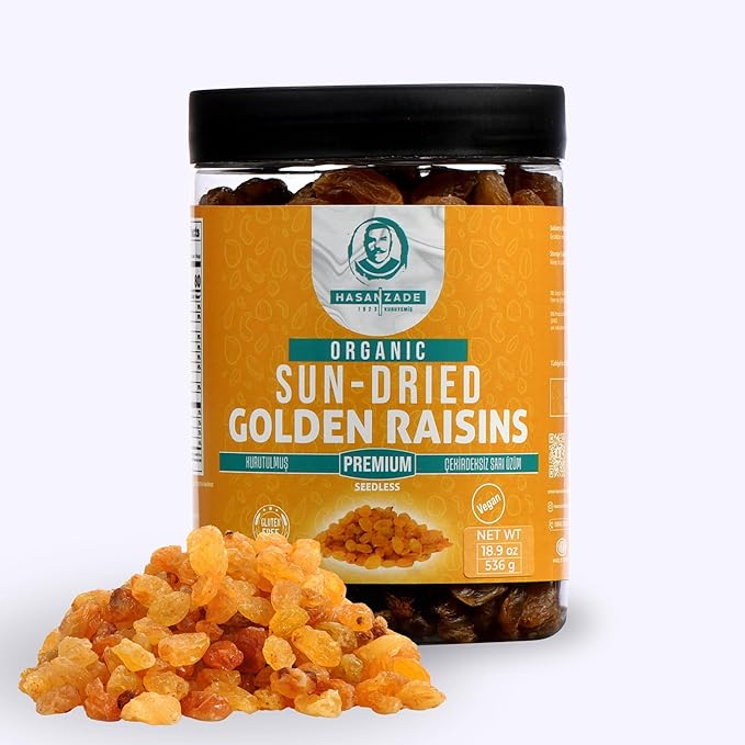 HASANZADE Golden Raisins Organic Gluten Free Vegan Sun Dried Fruit Organic Raisins Healthy Snacks for Adults and Kids Resealable Jar(18,9 Oz)