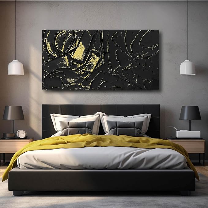 VAYIMDH Black Wall Art for Living Room Textured Wall Decor Big Canvas Wall Paintings Abstract Artwork 24"x48" Pictures