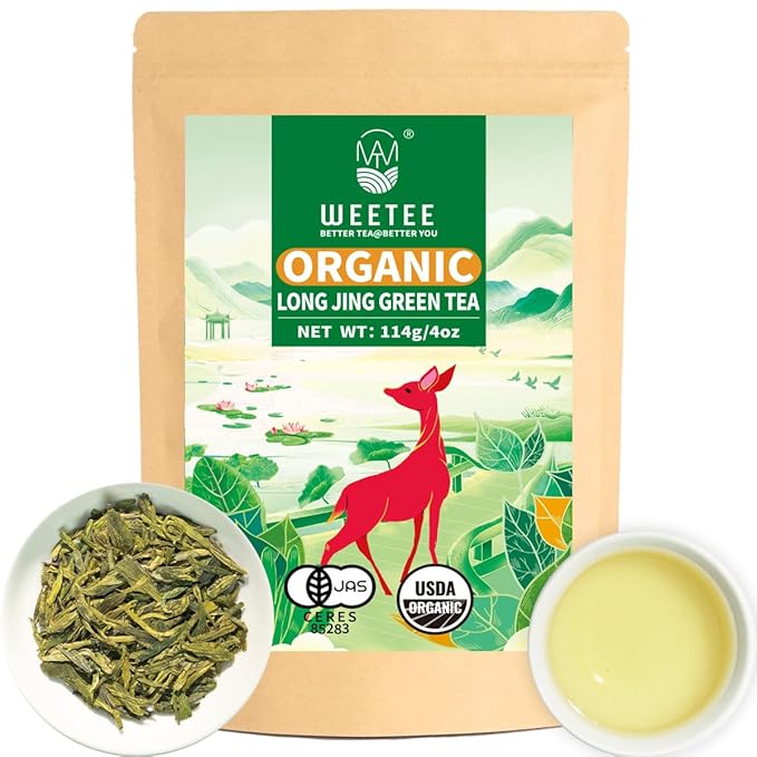 WT WEETEE Organic Longjing Green Tea, Organic Dragonwell Tea Loose Leaf 4oz (114g), Natural Bean Aromatic Lung Ching Dragon Well