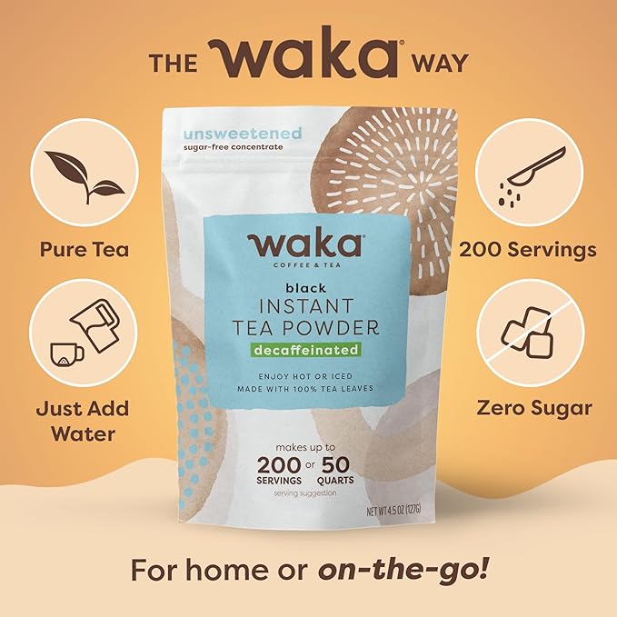 Waka Instant Black Tea Mix Pouch, Decaffeinated - 100% Tea Leaves, No Additives, Unsweetened Tea Powder for 50 Quarts or 200 Cups ??Easy Quick Hot and Iced Teas (4.5oz)