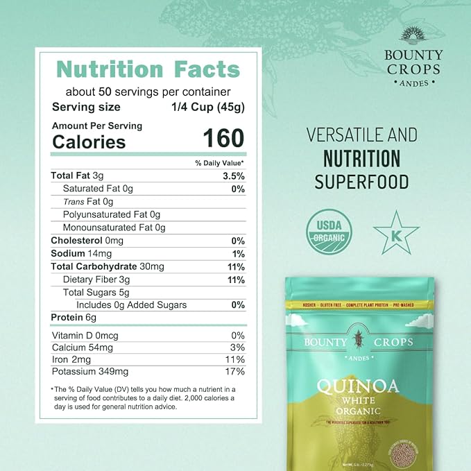 Bounty Crops Organic White Quinoa (5 lb, 80 oz, 2.27 kg), Fiber, Iron and Potassium, Plant Base Protein, Gluten-Free, Non-GMO, Kosher, Vegan Superfood