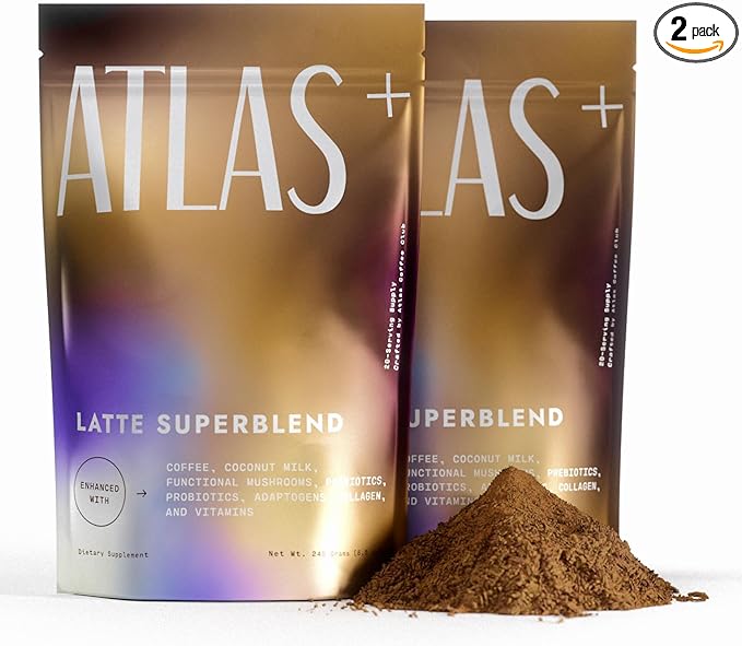 Atlas+ Latte Superblend??Instant Mushroom Coffee with Lion?™s Mane, Reishi, Cordyceps, Ashwagandha, Probiotics, Vitamin D3 & B12, Coconut??for Energy, Focus, Immunity & Gut Health??40 Servings (2 bags)