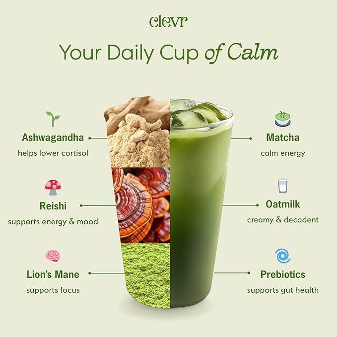 Clevr Blends Organic Matcha Green Tea Latte, Instant Ceremonial Grade, Superfood Powder Blend with Oat Milk, Lions Mane, Reishi Mushroom, Coconut Cream, Ashwagandha, Serve Hot or Iced, (14 Lattes)