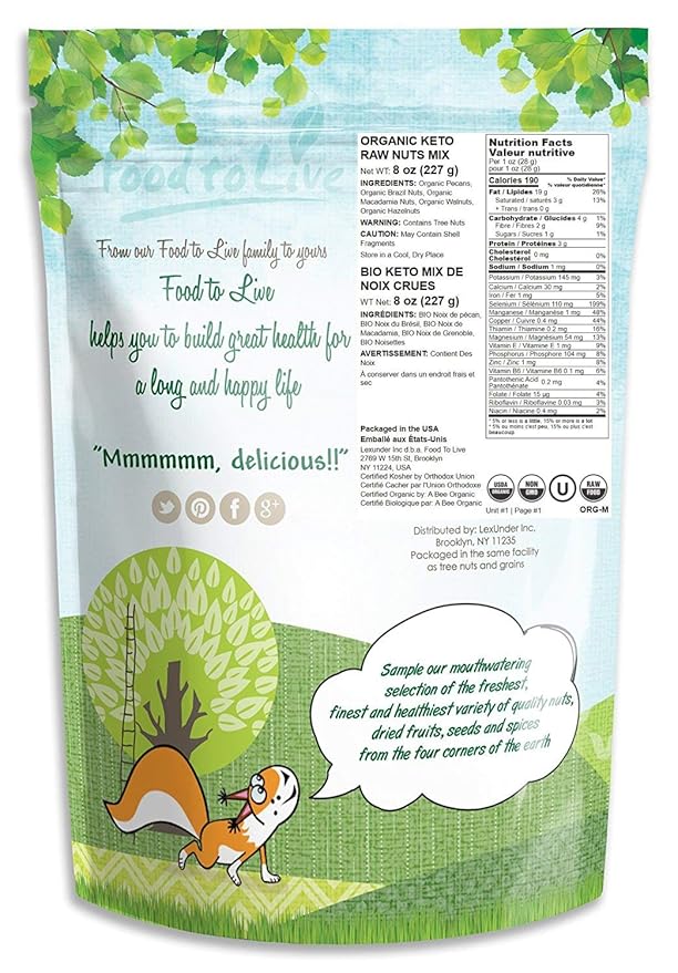 Food to Live Organic Keto Raw Nuts Mix, 8 Ounces ??Snack Contains Non-GMO Brazil Nuts, Pecans, Walnuts, Hazelnuts & Macadamia Nuts, Low Carb Vegan Superfood, Kosher, Non-Irradiated, No Added Sugar