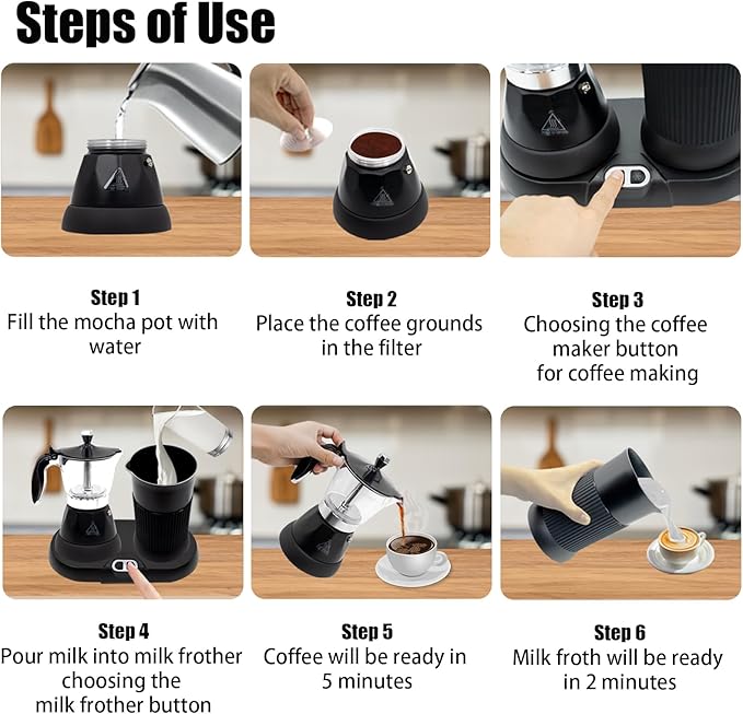 Espresso Maker with Milk Frother Electric Moka Pot 2-in-1 Espress Machine Aluminium One-Touch Operation Milk Froth Fine and Dense Black 110V