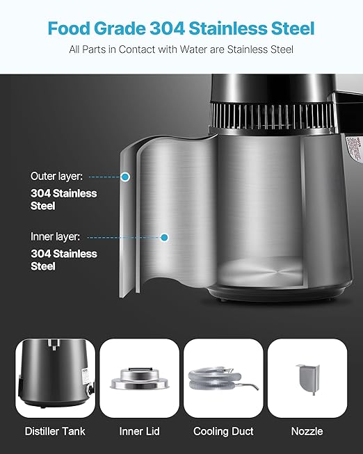VEVOR Water Distiller, 4L 1.1 Gallon Pure Water Purifier Filter for Home Table Countertop, 750W Distilled Maker with Glass Pot, Stainless Steel Interior Drinking Machine to Make Clean Waters, Grey