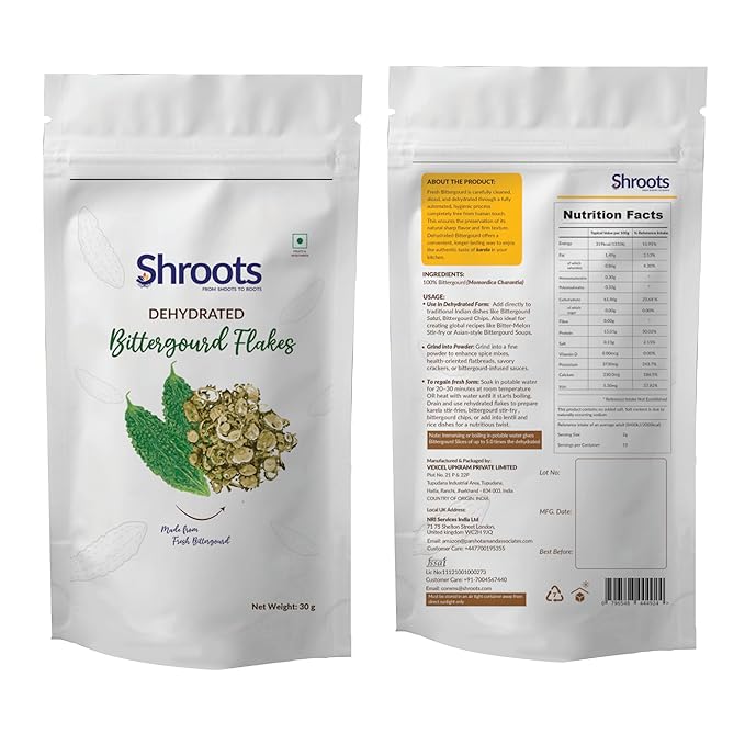 SHROOTS Dehydrated Bittergourd Flakes Pure Vegetarian Gluten-Free No Added Salt Easy Cooking Essential Machine Dried Vegetables with Natural Aroma Ideal for Soup or Everyday Meals 1.06 oz, Pack of 1