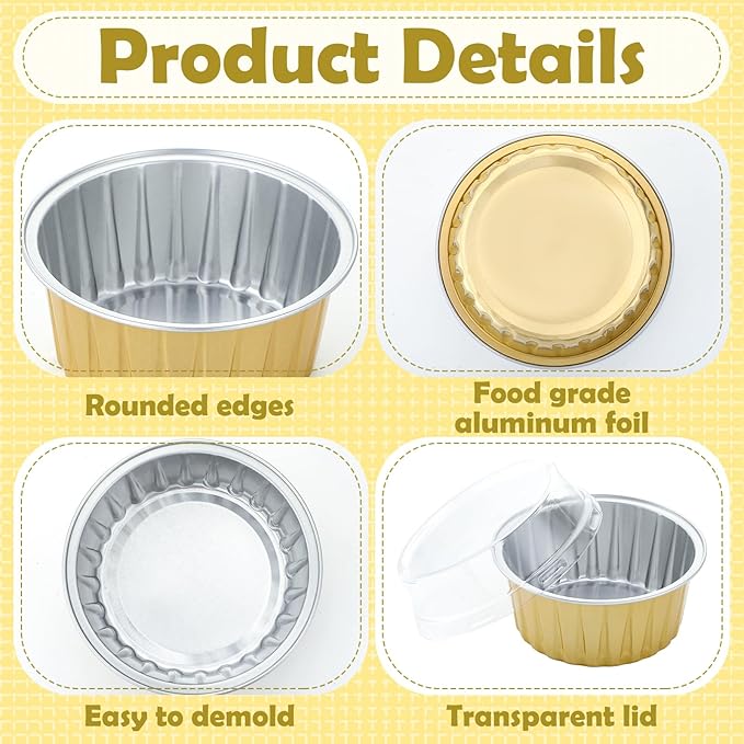 Hushee 600 Pcs Aluminum Foil Baking Cups with Lids and Spoons 5oz Disposable Ramekins Dessert Muffin Creme Brulee Cupcake Liners Containers for Wedding Birthday Christmas Party(Round,Gold)