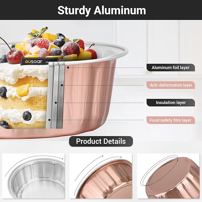 EUSOAR Cake Pans with Lids, 100pcs 9oz Rose Gold Cake Covers and Cake Containers, Disposable Muffin Ramekins Tins with Lids Cupcakes Bread Pudding Round Holders Pans for Wedding Birthday Theme Party