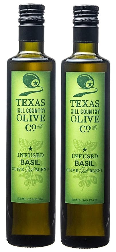 Texas Hill Country Olive Co Basil Infused Olive Oil - Cold Pressed Gourmet EVOO Olive Oil - Great for Dressing Dipping Marinade - No Artificial Flavors or Added Sugar - Made in Texas (16.9 oz, 2 Pack)