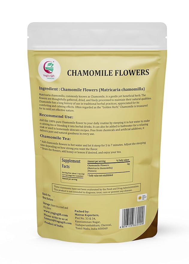 Chamomile Flowers 1 LB, 100% Natural Loose Leaf Chamomile Tea, Whole Dried Flowers for Herbal Tea, 1 LB Bulk Pack, Resealable Bag for Freshness - By Yogi?โขs Giftยฎ