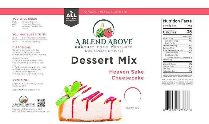 A Blend Above Heaven Sake Cheesecake Mix - No-Bake Dessert, All Natural, Vegan, Gluten Free, No MSG - Instant Dessert Mix, Fruit Dip, Bagel Topping, Frosting, Cheesecake Filling - Makes 16 Oz (Pack of 3)