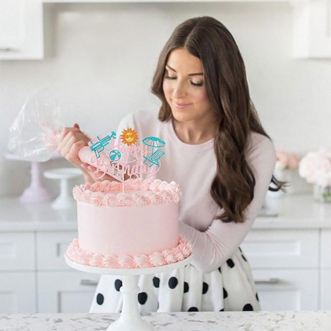 1 Pack Summer Beach Happy Birthday Cake Topper Tropical Hawaiian Water Gun Cake Pick Glitter Umbrella Pool Holiday Cupcake Decoration for Summer Baby Shower Birthday Party Supplies Pink