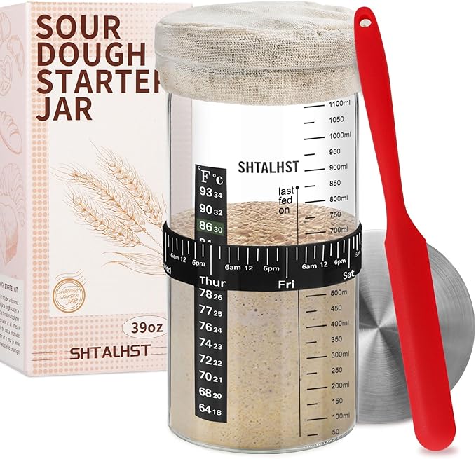 Sourdough Starter Jar Kit-1100ml/39Oz, Sourdough Starter Kit, Sour Dough Starter Jar With Stainless Steel Lid, Thermometer, Silicone Scraper, Cloth Cover And Date Marked Feeding Band (1 Pack)